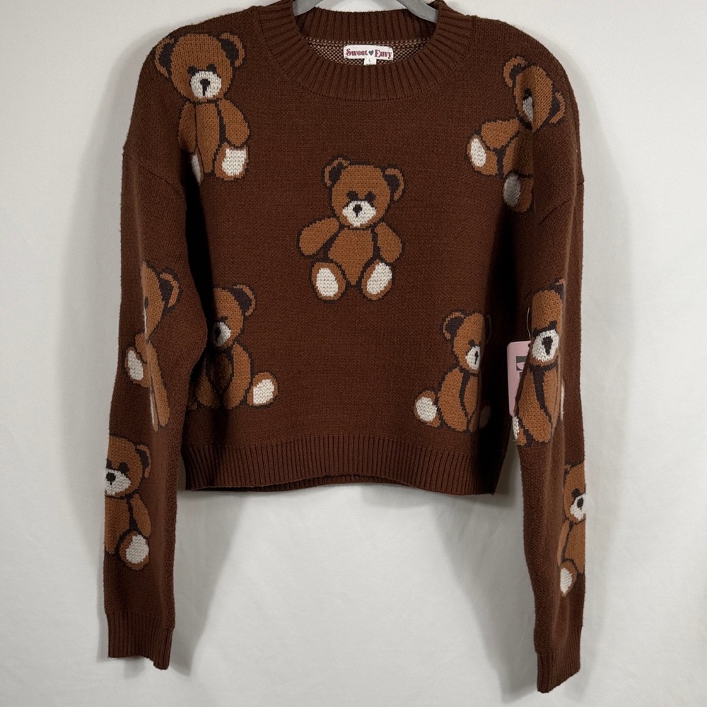NWT Sweet Envy. Brown‎ Teddy Bear Cropped Knit Sweater. Womens Size L. Soft